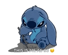 stitch from lilo and stitch is sitting down holding a stick and drawing .