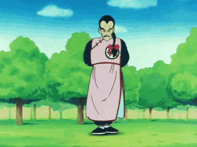 a man in a pink apron is standing in a field