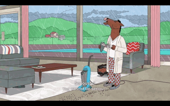 a cartoon of a horse vacuuming a living room floor
