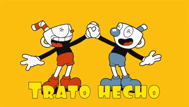 a yellow background with two cartoon characters and the word trato hecho in yellow letters