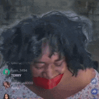 a woman with a red ribbon around her mouth