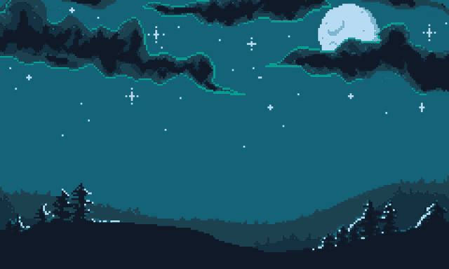 pixel art of a night sky with a full moon and stars