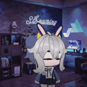 a cartoon character in a room with the word streaming on the wall