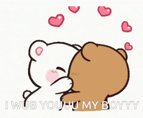 a cartoon of two teddy bears kissing with the words i wub youu my boyyy