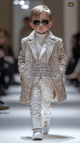 a young boy wearing sunglasses and a coat walks down a runway