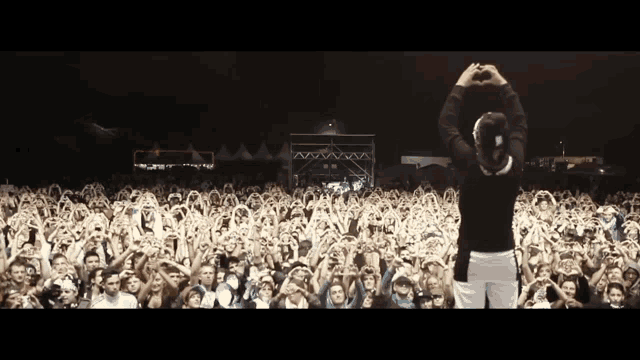 a woman stands in front of a crowd at a concert with her hands in the air