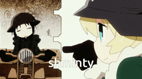 a cartoon of a girl pointing at another girl with the word shminty on the bottom right