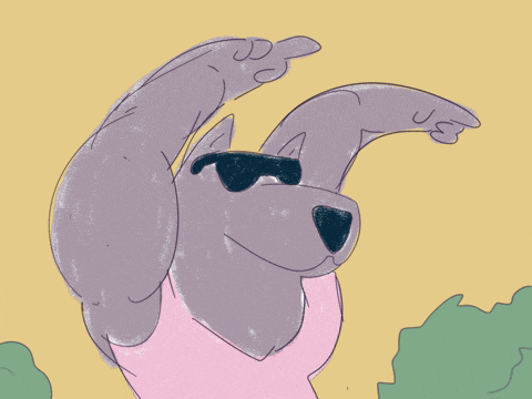 a cartoon drawing of a dog wearing sunglasses and a pink shirt
