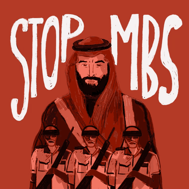 a man with a beard is surrounded by soldiers with the words stop mbs above him