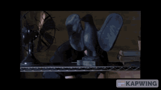 a woman is standing in front of a fan and the word kapwing is on the bottom