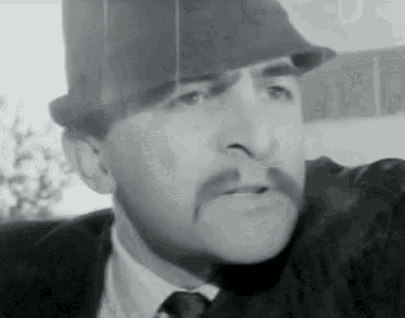 a man with a mustache is wearing a top hat and a suit .