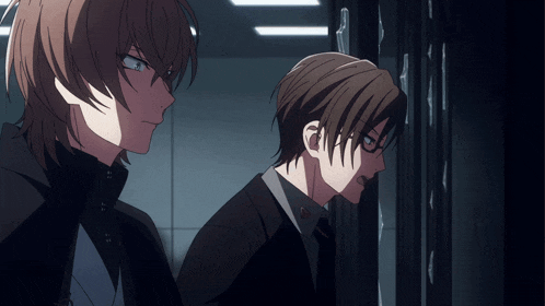 two anime characters standing next to each other with one wearing glasses