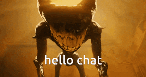 a picture of a monster that says hello chat on it
