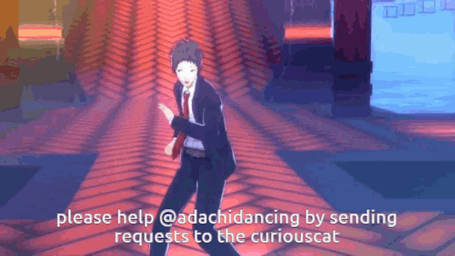 a man in a suit and tie is dancing with the words please help @adachidancing by sending requests to the curiouscat behind him