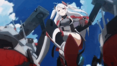 a girl in a red and white outfit is sitting on top of a giant robot .