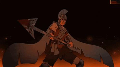 a cartoon of a man holding a spear with the words telemachus above him