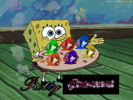 a cartoon of spongebob sitting at a table with a sign that says " pretty arcens "