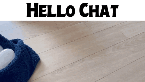 a blue towel sits on a wooden floor with the words hello chat below it