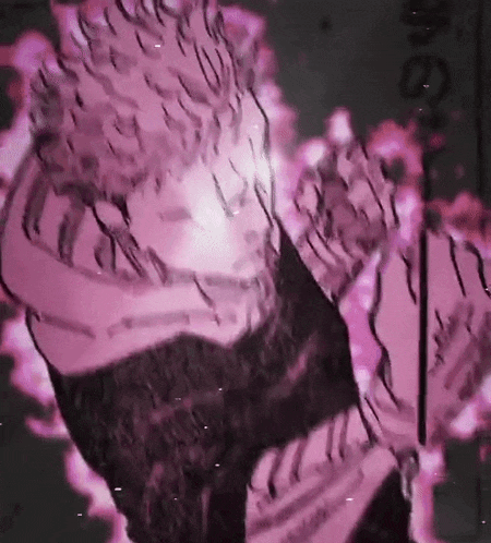 a close up of a person 's face with pink flames coming out of it and a black background .