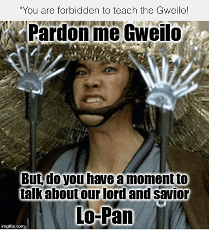 a man wearing a straw hat says pardon me gwelio but do you have a moment to talk about our lord and savior