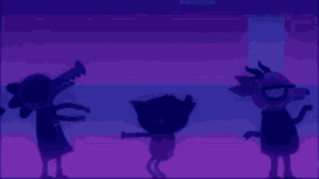 a group of cartoon characters standing next to each other in a dark room .