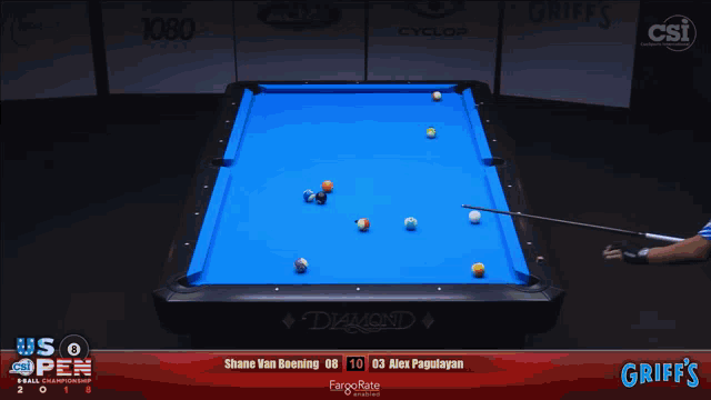 a pool table with a scoreboard that says griffs