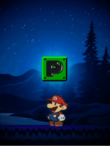a cartoon drawing of a green object with a light coming out of it and trees in the background
