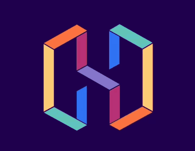 a purple background with a colorful letter h