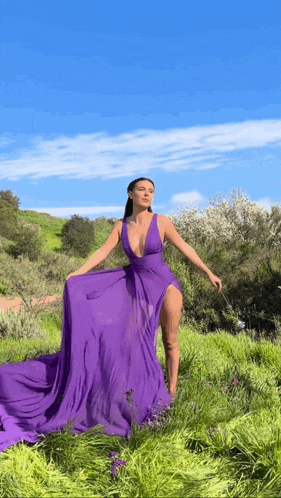 a woman in a purple dress is standing in a field