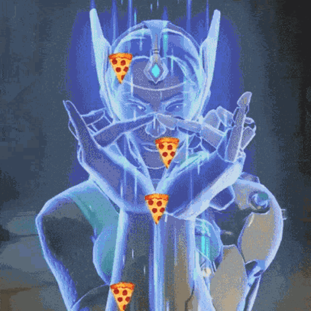 a statue of a woman with pizza slices coming out of her hands