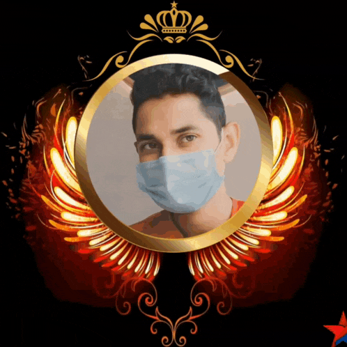 a man wearing a face mask is in a gold circle