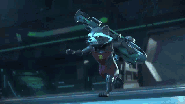 a female superhero with green hair and blue eyes is standing in a dark room with her arms outstretched