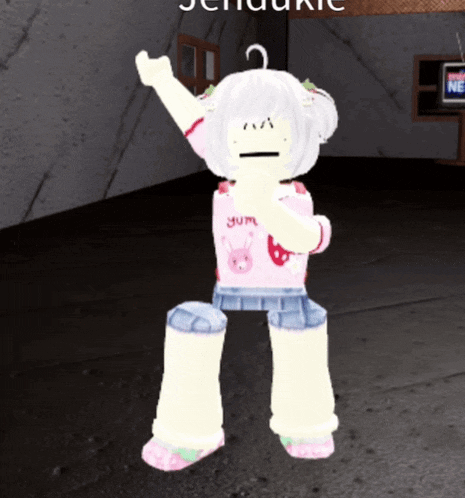 a girl with white hair is wearing a pink shirt that says yum on it