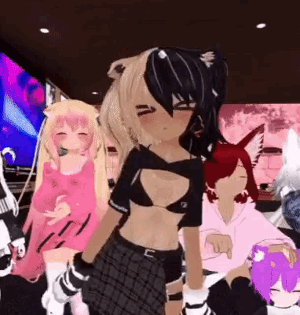 a group of anime girls are dancing in a room .