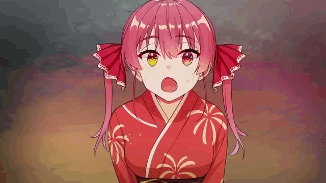 a girl with pink hair is wearing a red kimono with palm trees on it