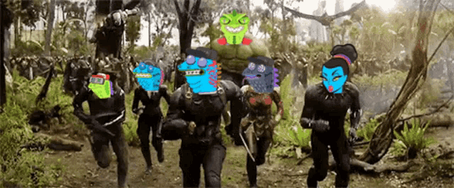 a group of people are running through a forest with cartoon faces on their faces