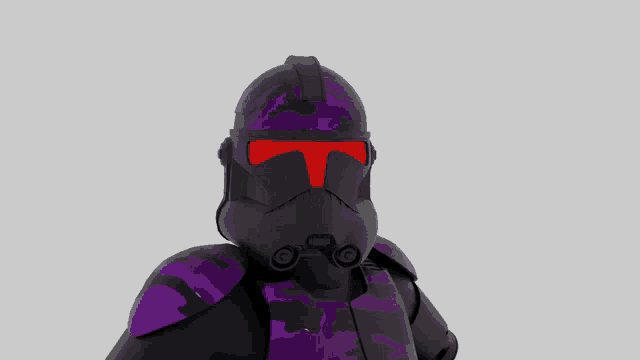 a black and purple stormtrooper with red eyes