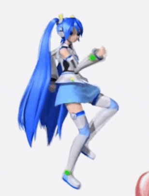 a cartoon girl with blue hair and white socks is dancing