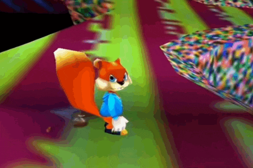 a cartoon squirrel in a blue shirt is standing on a purple and green surface