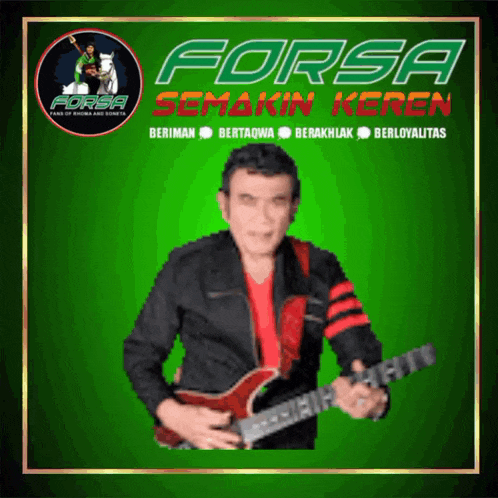 a man is holding a guitar in front of a green background that says forsa semakin keren