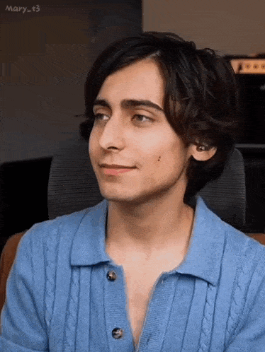 a young man wearing a blue sweater is sitting in a chair .
