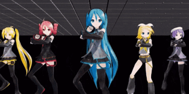a group of anime girls are standing in a line