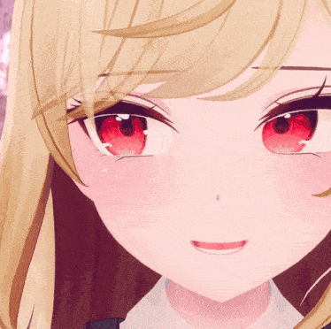 a close up of a girl 's face with red eyes and blonde hair