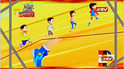 a group of cartoon characters are running on a track with antv written on the bottom