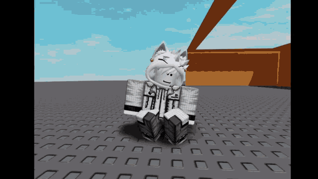 a white roblox character is sitting on a tiled floor