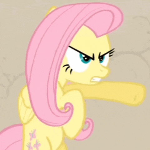 a cartoon pony with pink hair and blue eyes is giving a punch