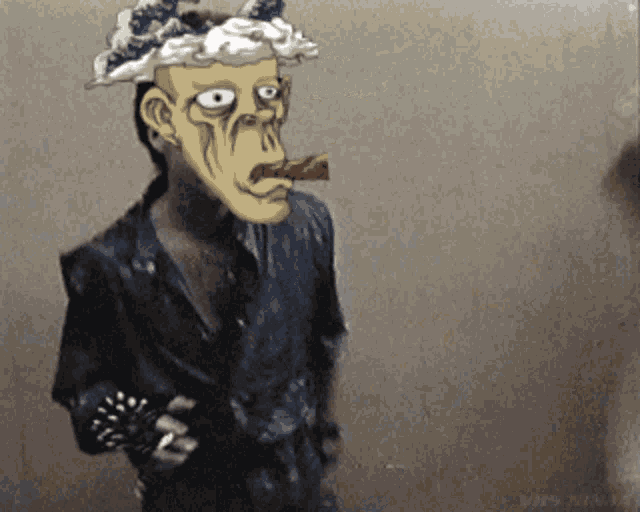 a cartoon drawing of a man wearing a crown and smoking a cigar