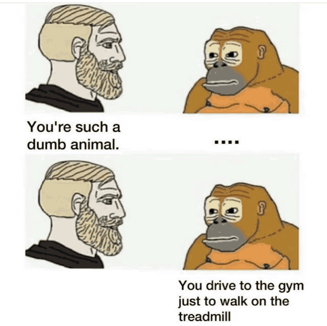 a man with a beard is talking to a gorilla with a sad face