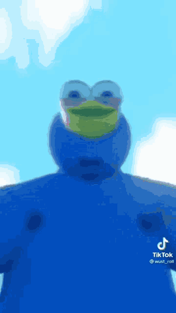 a blue cookie monster is wearing sunglasses and standing in the sky .