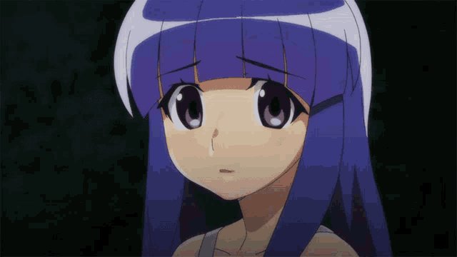 a close up of a girl with purple hair and a sad look on her face